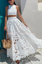 Floral Embroidery Crochet Lace Crop Tank Top, Loose Fit