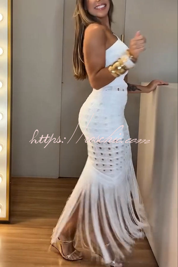 One Shoulder Knit Maxi Dress with Cutout Waist & Tassel Hem