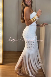 One Shoulder Knit Maxi Dress with Cutout Waist & Tassel Hem