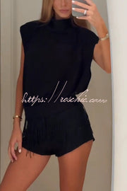 Sleeveless Stand Collar Top & Fringed Shorts Set – Vacation Wear