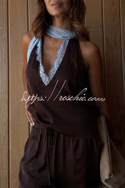 Satin Lace Trim Tank Top | Contrast Color Sleeveless Cami