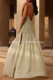Pleated Patchwork Maxi Dress – Flowy Slit V-Neck