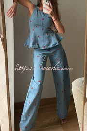 Cherry Print High Rise Loose Straight Leg Jeans