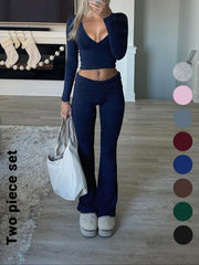 Slim-Fit V-Neck Crop Top & Pants Set