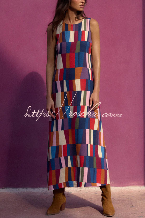 Linen Blend Color Block Sleeveless Maxi Dress