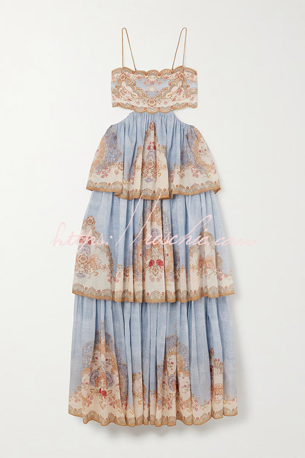 Printed Cutout Lace-Up Tiered Maxi Dress for Vacation