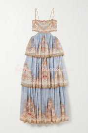 Printed Cutout Lace-Up Tiered Maxi Dress for Vacation