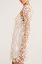 Sequin & Pearl Embellished Long Sleeve Mini Dress