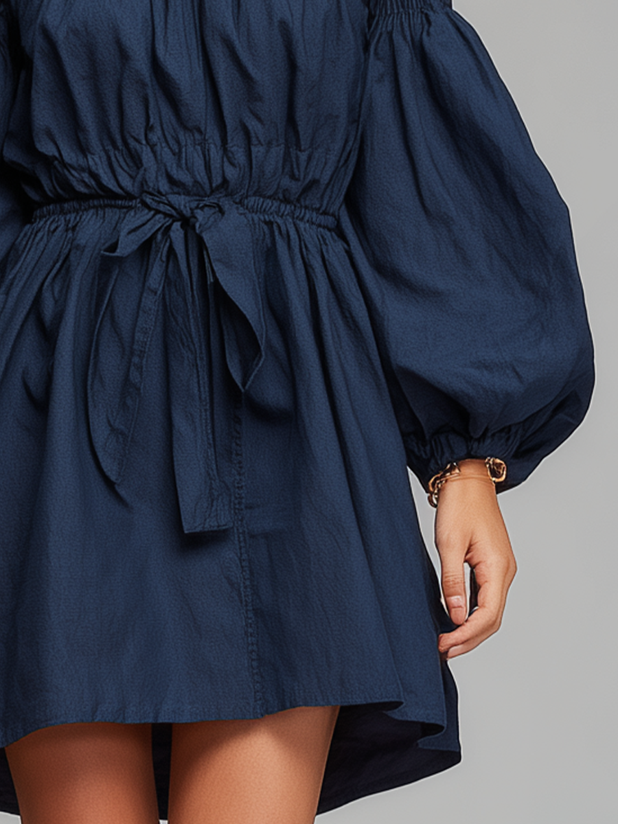Navy Off-Shoulder Mini Dress with Structured Band