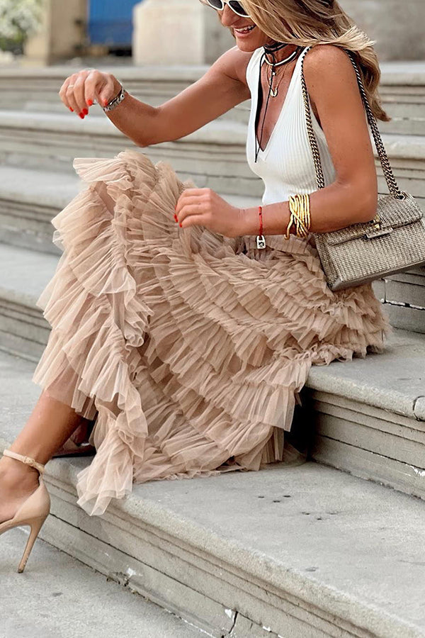 Tiered Tulle Maxi Skirt with Elastic Waist | Casual Party