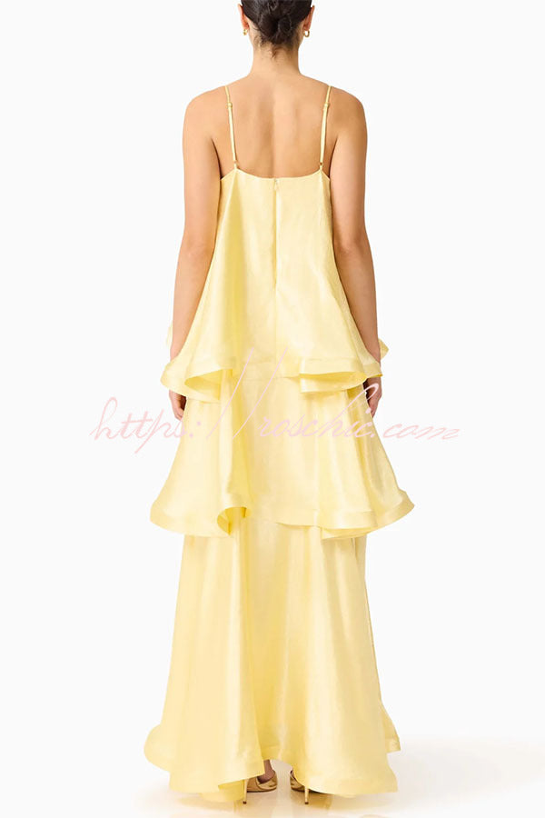 Satin Tiered Maxi Dress – Square Neck Sleeveless A-Line