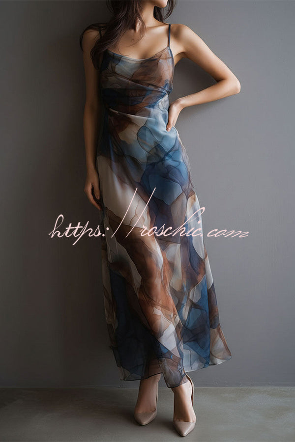 Abstract Watercolor Cowl Neck Maxi Dress