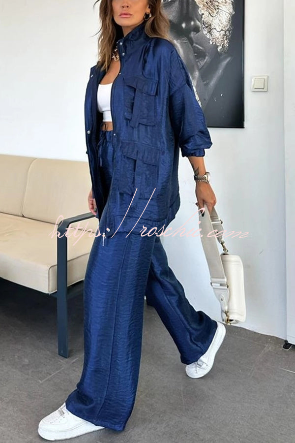 Metallic Wide Leg Pants with Elastic Waist & Pockets