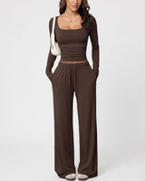 Duniii Square Neck Crop Top & Wide-Leg Pants Set