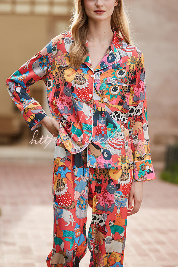 Cat Print Long Sleeve Two-Piece Set – Casual Lounge Outfit
