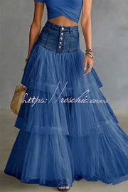 Y2K Fairycore Tulle Maxi Skirt with Denim Corset Waist