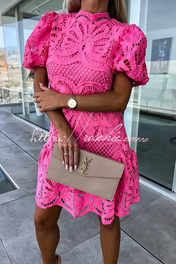 Crochet Lace Puff Sleeve Mini Dress – High Neck Party