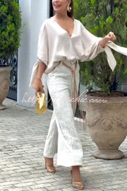 Linen Blend V-Neck Loose Top with Knotted Cuff Half Sleeves
