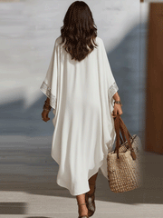 Ivory Boho Kaftan Midi Dress with V-Neck & Wide Sleeves
