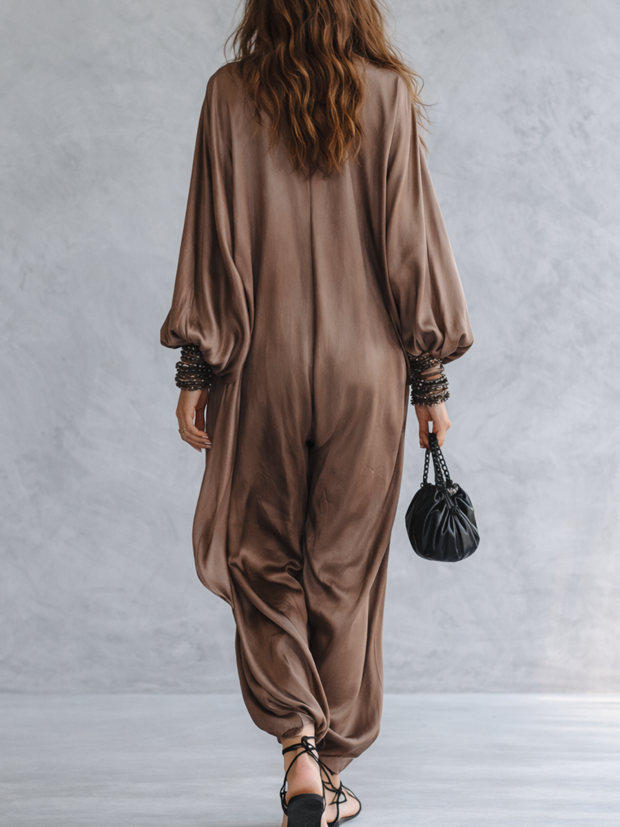 Champagne Satin Kaftan Jumpsuit With Batwing Sleeves