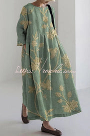 Robe Maxi Imprimée - Col Rond Manches Longues Coupe Ample