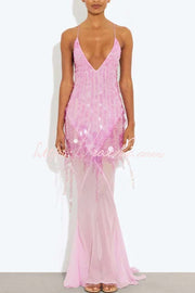 Sequin Embroidered Backless Slip Maxi Dress with Tulle Hem