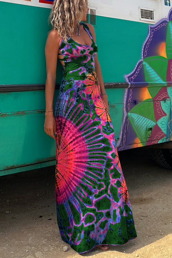 Tie-Dye Print Lace-Up Back Stretch Maxi Dress
