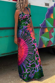 Tie-Dye Print Lace-Up Back Stretch Maxi Dress