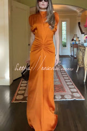 Satin Maxi Dress Short Sleeve Ruched Waist V-Back Gown