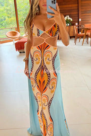 Linen Blend Cutout Waist Maxi Dress with Back Tie