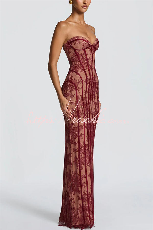 Floral Lace Strapless Maxi Dress with Lace-Up Back & Slit