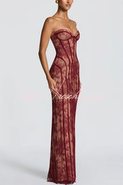 Floral Lace Strapless Maxi Dress with Lace-Up Back & Slit