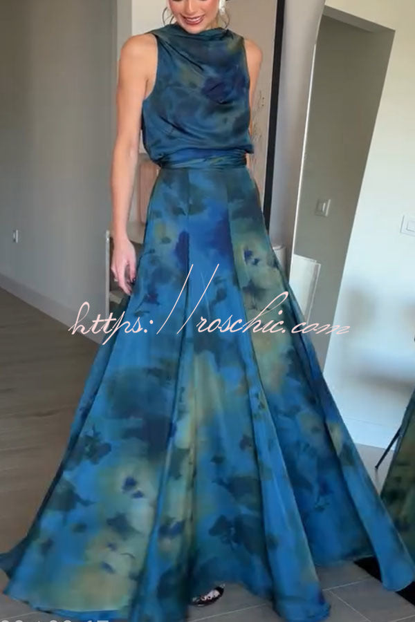 Chiffon Ombré Print Cowl Neck Top & High-Rise Maxi Skirt Set