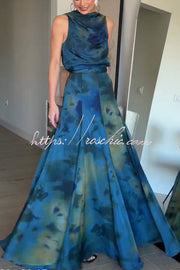 Chiffon Ombré Print Cowl Neck Top & High-Rise Maxi Skirt Set