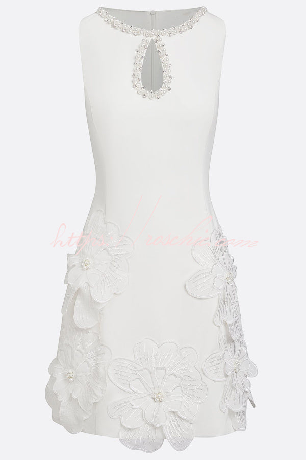 Pearl Trim Cutout Mini Dress with 3D Florals & Sleeveless