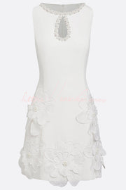 Pearl Trim Cutout Mini Dress with 3D Florals & Sleeveless
