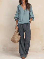 Dusty Blue Lace Trim Peasant Blouse | Boho Resort Top