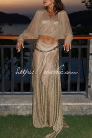 Metallic Knit Long Sleeve Crop Top and Maxi Skirt Set