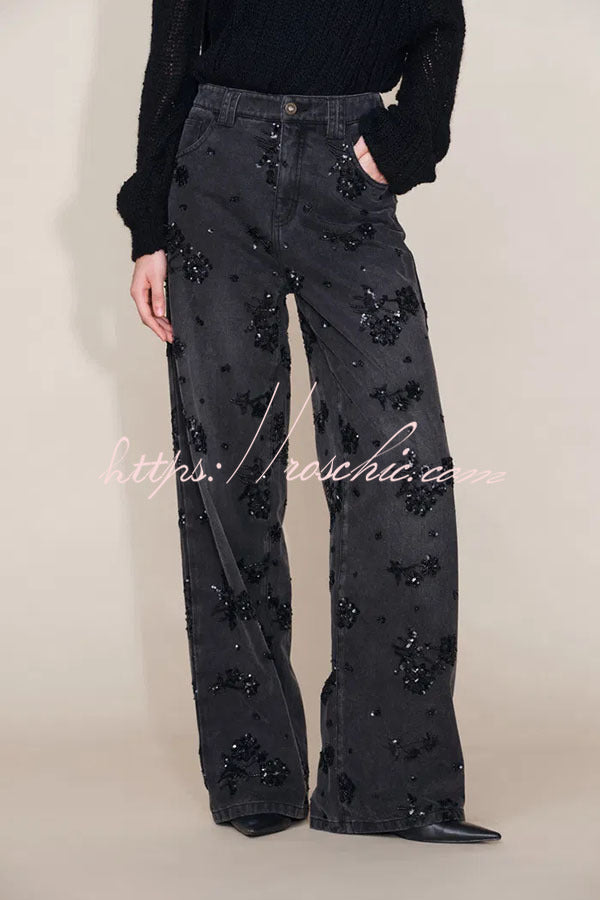 Beaded Sequin Floral Wide Leg Jeans Mid Rise with Pockets