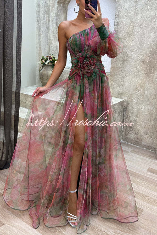 Tulle One-Shoulder Floral Pleated Slit Maxi Dress