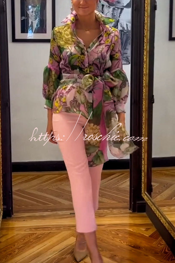 Tulle Floral Print Balloon Sleeve Blouse with Belt