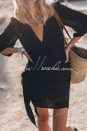 Cotton Linen Blend Knotted Wrap Mini Dress