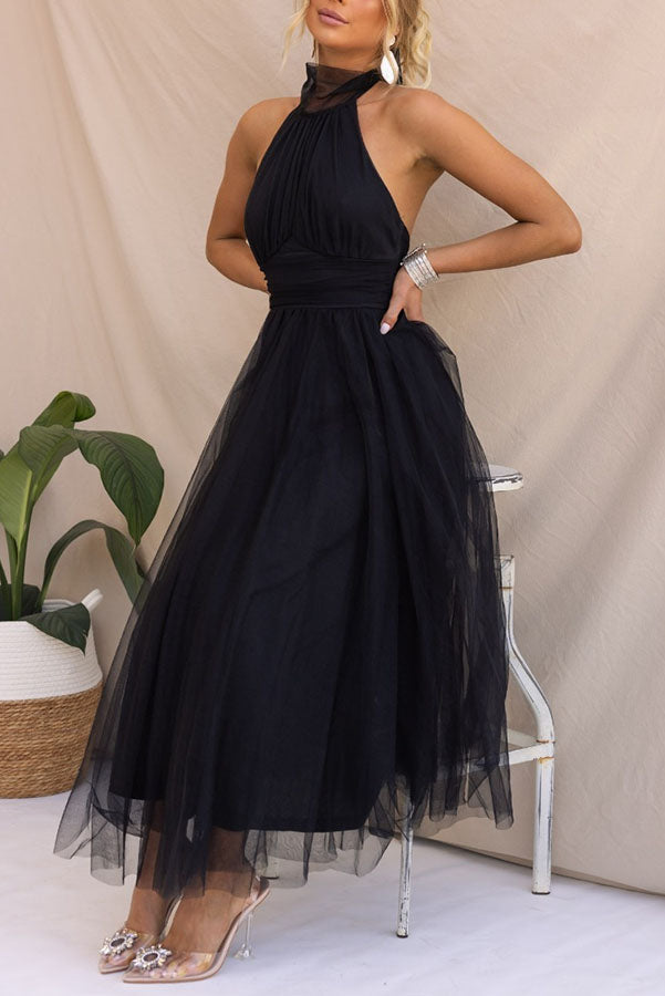 Tulle Halter Maxi Dress with Gathered Detail