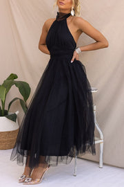 Tulle Halter Maxi Dress with Gathered Detail