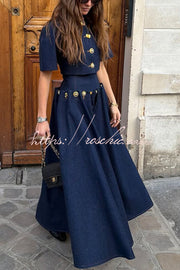 Denim Maxi Skirt with Metal Pattern Buttons & Lace-up Waist