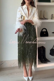 Sequin Tassel Midi Skirt – High-Rise Back Zipper Party Skirt