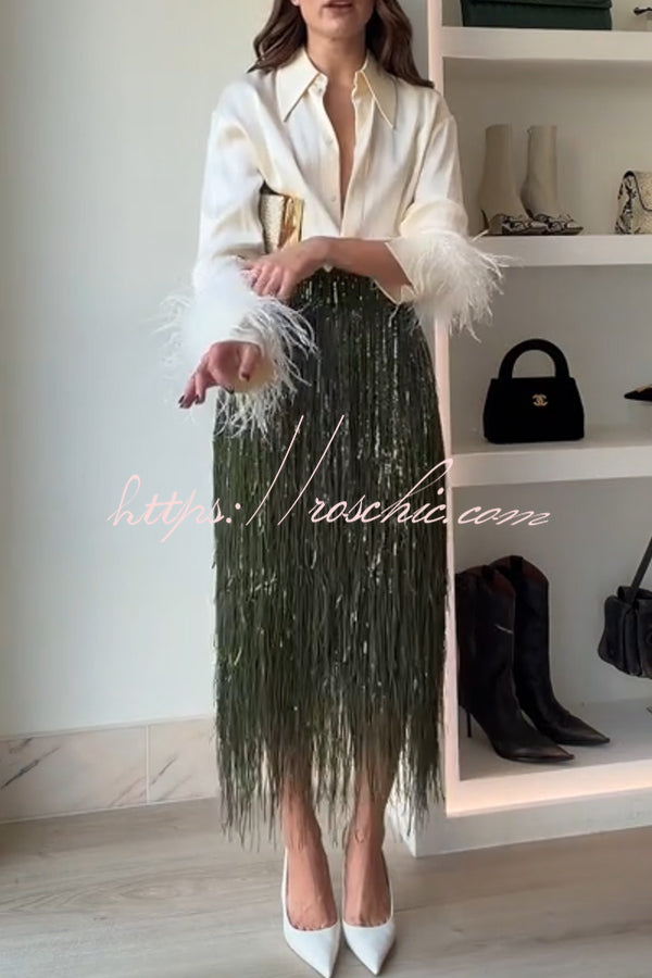 Sequin Tassel Midi Skirt – High-Rise Back Zipper Party Skirt