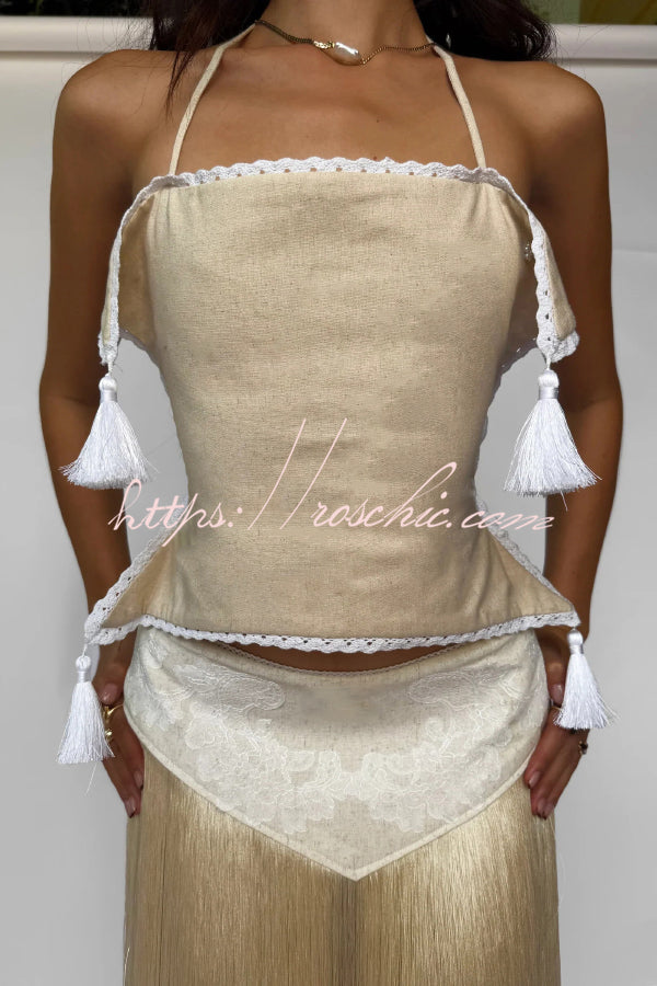 Halter Neck Lace-Up Backless Crop Top with Tassel Detail