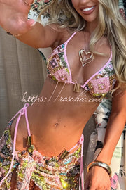 Sequin Halter Bikini Set with Beach Cover-Up Mini Skirt