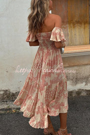 Printed Off-Shoulder Smocked Midi Dress with Ruffle Sleeves